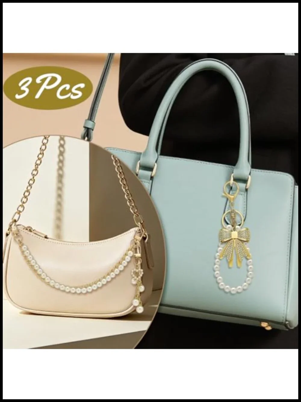 3 Pcs Leopard Pearl Bow Bag Charms Purse Straps Extender Chain Set
